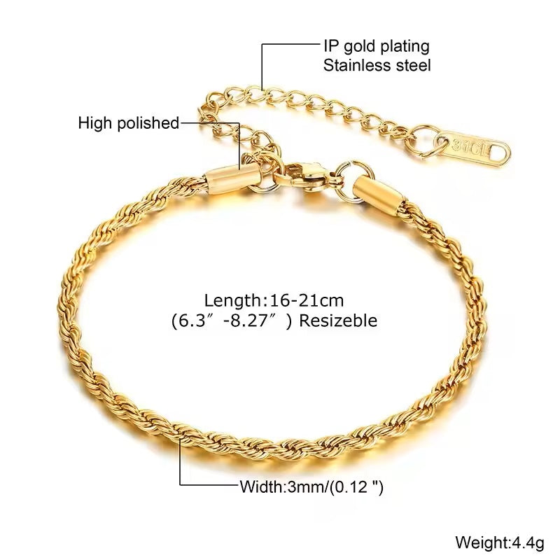 Gold rope bracelet for men and women, UK style unisex jewellery